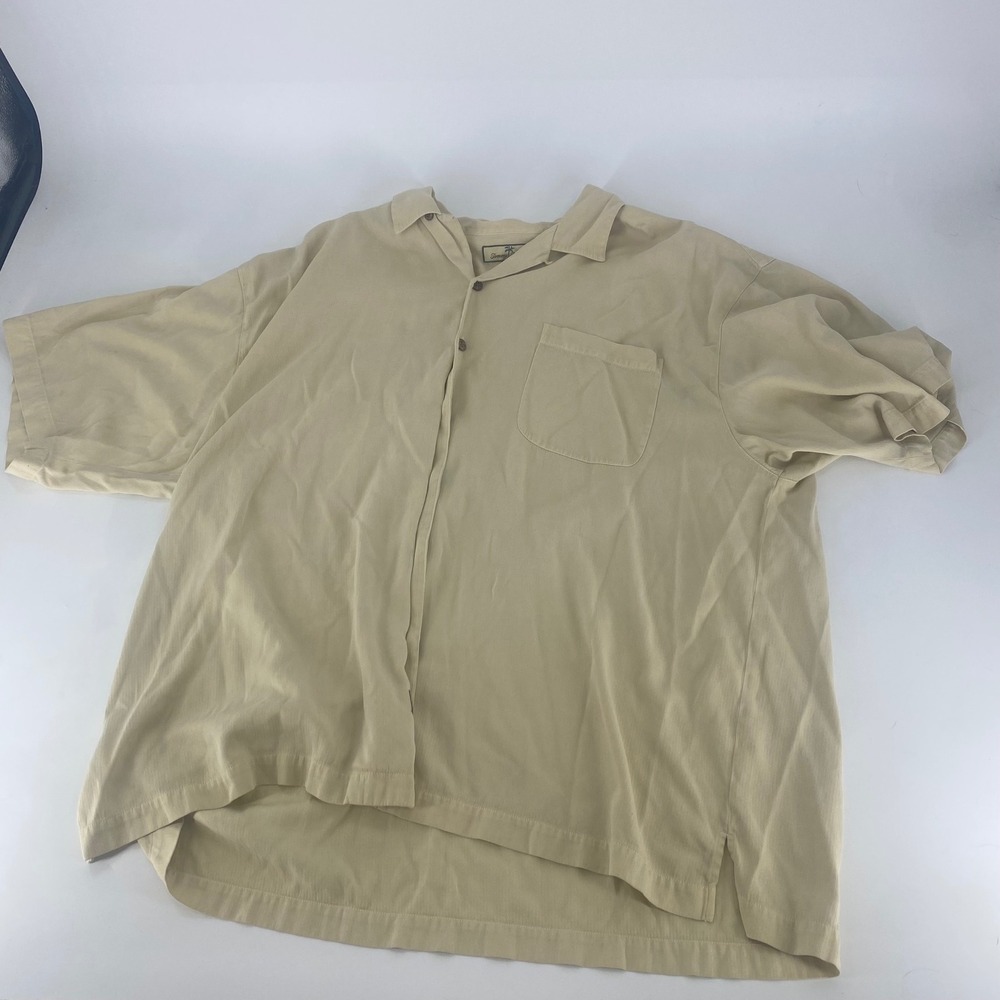 Tommy Bahama Mens XXL Silk Cotton Herringbone Camp Shirt Tan Beige Short Sleeve